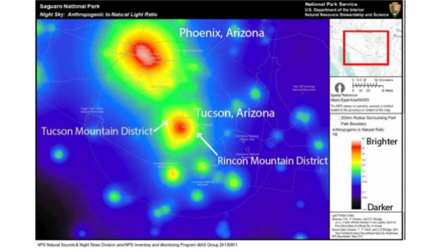 This figure shows light pollution in and around Saguaro National Park. Figure Credit: NPS Natural Sounds and Night Skies Divistion